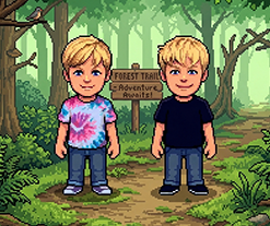 Two 8-year-old blond twin boys smiling together